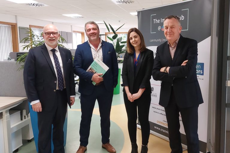 11Brian Cremin and David McCarthy of 3SIXTY are pictured with Evelyn Power and Padraig Mallon in the Impact Hub at Crann